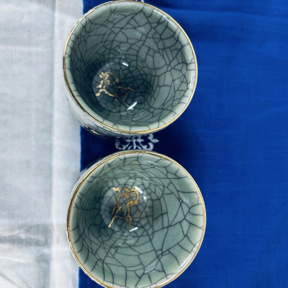 Japan Somayaki 2 Tea Cups Crackle Glaze Double Wall Heart Soma Horse Inside Gold